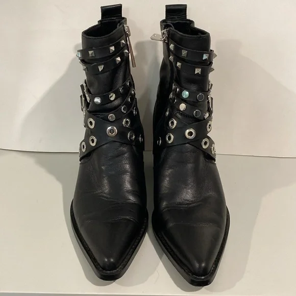 Zara Black Studded Leather Heeled Ankle Size 6 - Picture 3 of 14